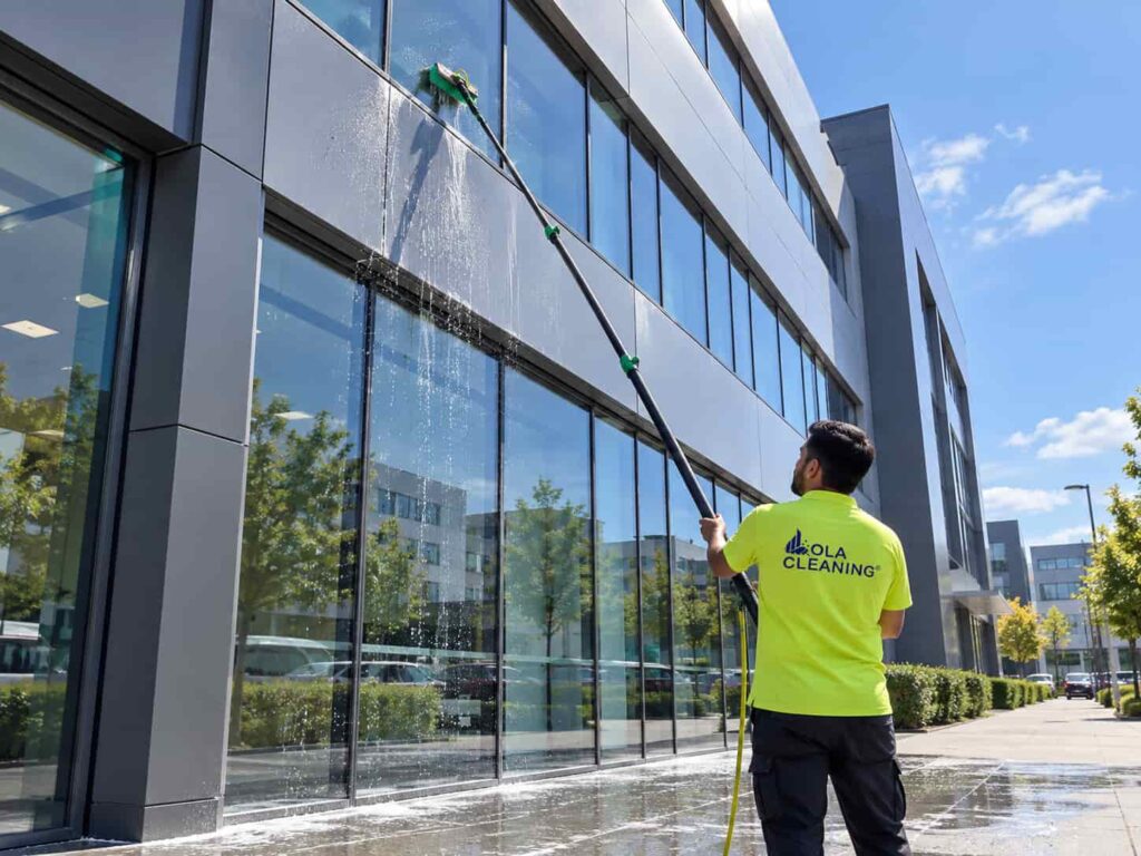Curățarea unei fațade cu sistem telescopic de la sol
